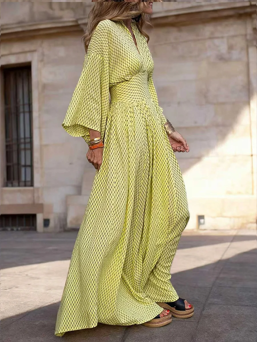 

Lime Green Geometric Grid Print V-Neck Maxi Dress with Bell Sleeves