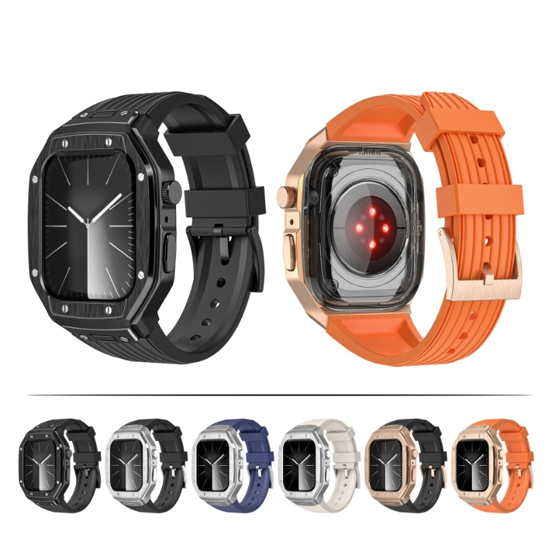 

For iWatch 6 5 4 Se 44mm Luxury Modification Kit for Apple Watch Series 9 8 7 45mm Metal Case+TPU Strap Replacement Accessories