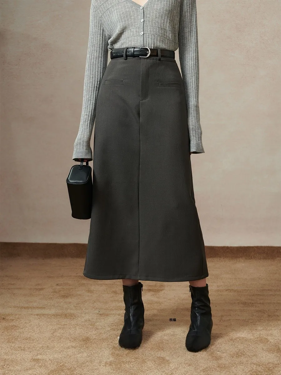 Kiki Commuter High Waist A-Line  Skirt Women's Spring Grey Slimming Straight Cut Meat Covering Half-length Skirt
