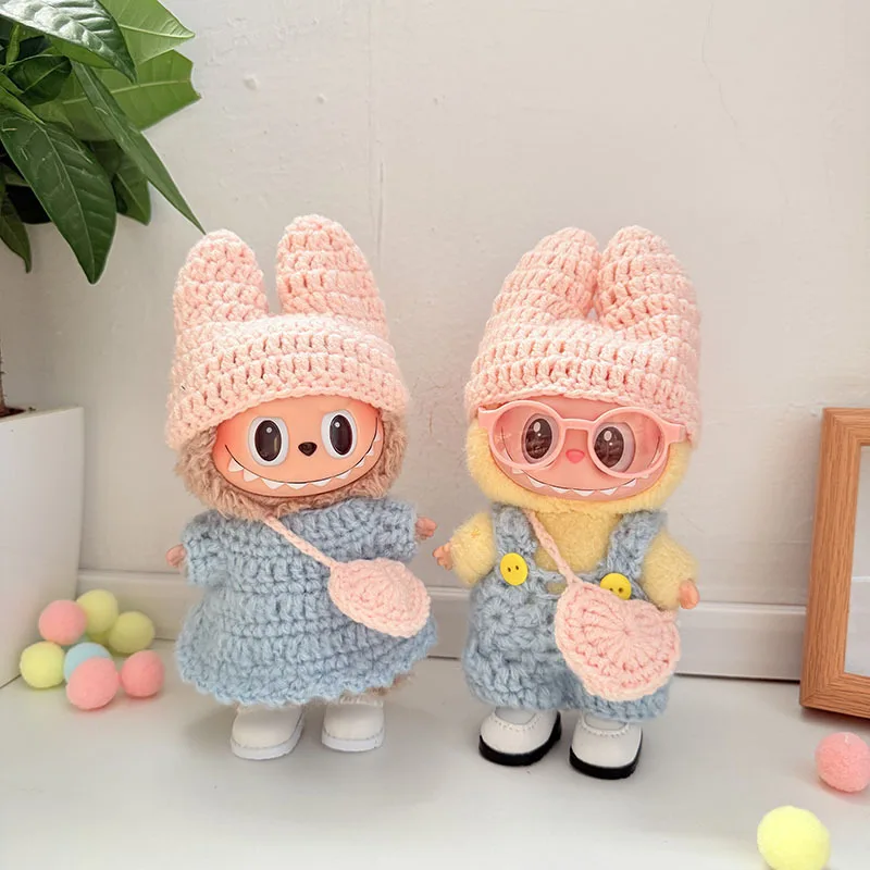 

Knitted Tale Crochet Set Bunny Ear Dress Overalls Pink Black Blue for Labubu Clothes 1st-3rd Gen Unisex Handmade Outfit