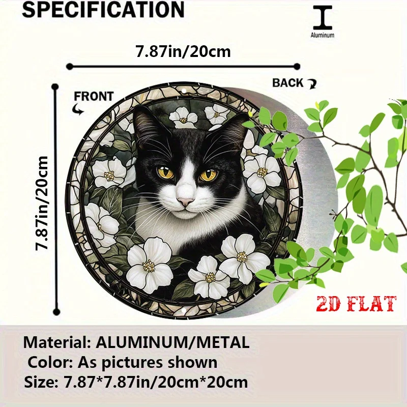 2D Flat - A Vintage-Style Round Wall Poster Made of Metal, Showcasing a Black And White Cat Surrounded by White Flowers in a S