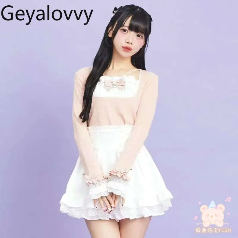 SC الخريف الدانتيل متابعة Bowknot تنوعا طويلة الأكمام البلوز الإنتاج الضخم لوليتا نمط الحلو المرأة قصيرة محبوك قاعدة قميص