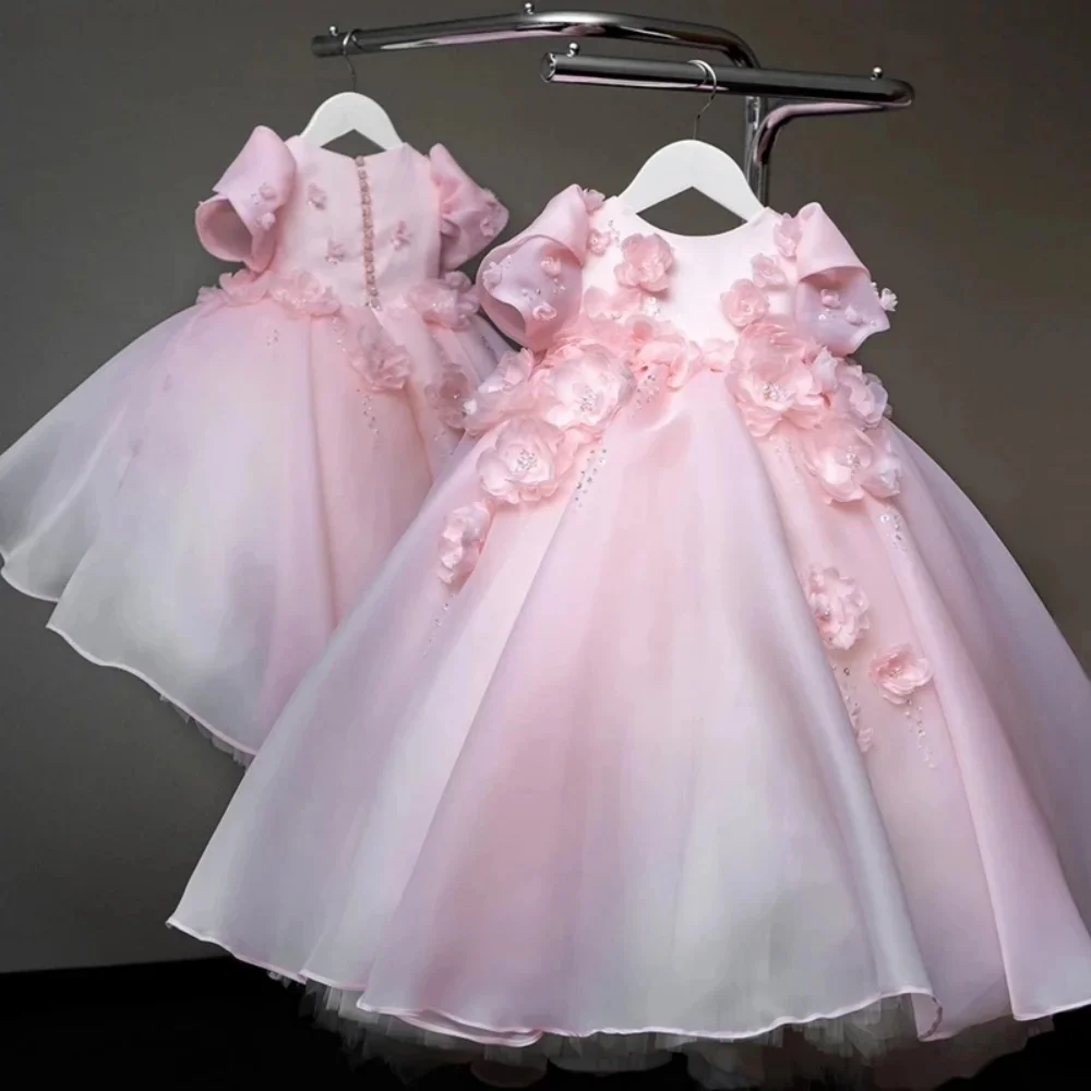 Tulle Floral Princess Pink Gown Baby First Birthday Party Dresses Litter Flower Girl's Dress Customized