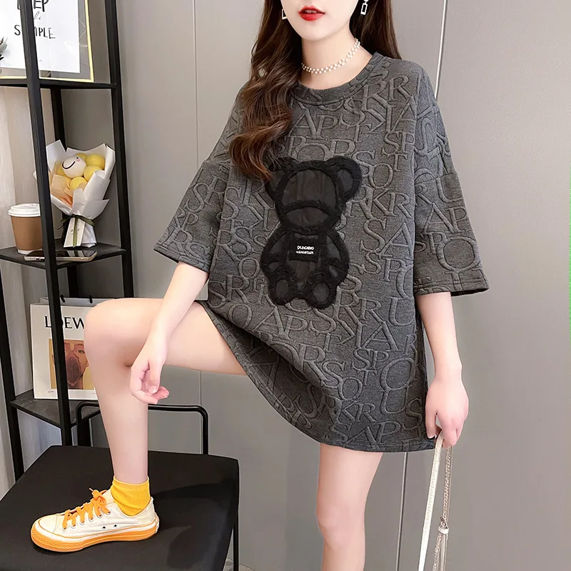 Summer Women Short Sleeve Oversized T Shirts Kawaii Cartoon Bear Print Women T-shirt Loose O-Neck Letters Tops for Women