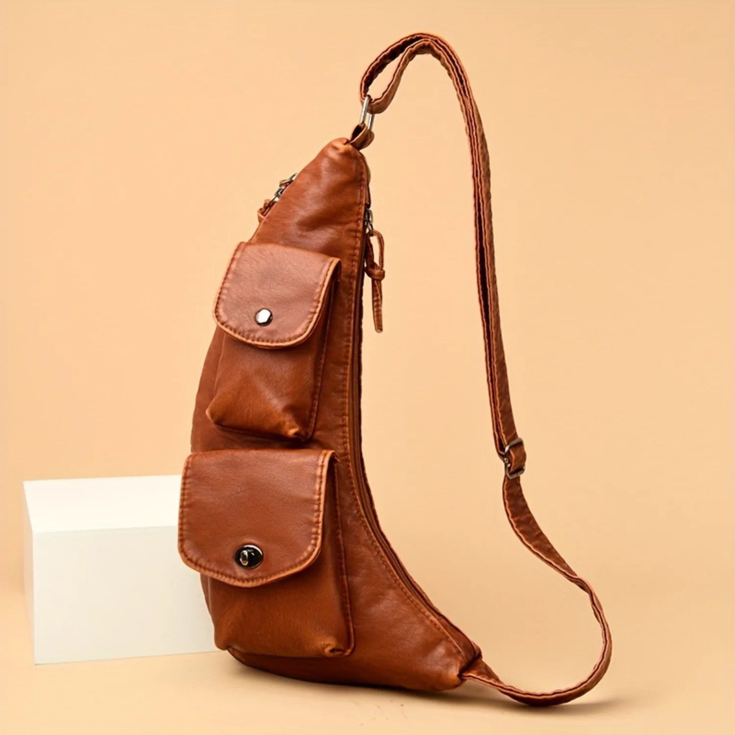 Retro Multi Pockets Chest Bag, Soft Pu Leather Crescent Bag