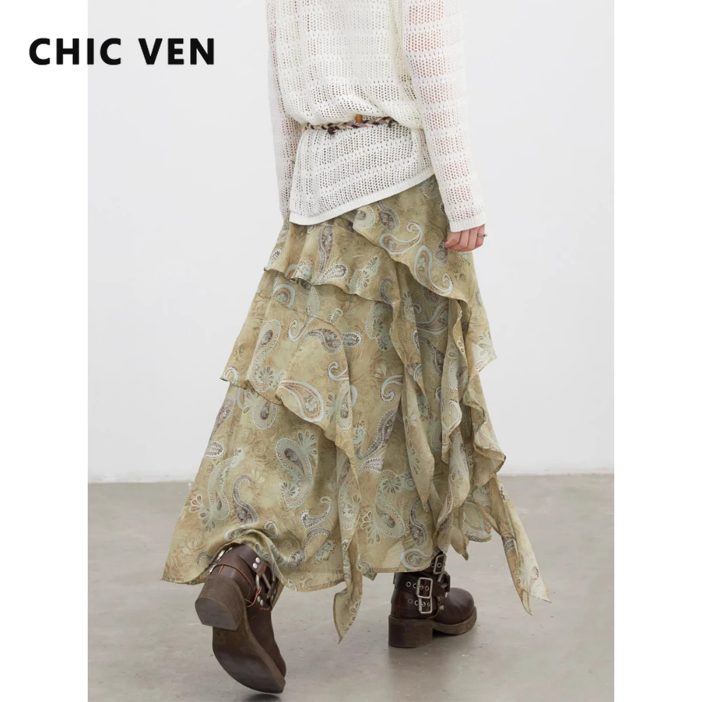 

Модная женская юбка CHIC VEN: Новинка в стиле New Wave, асимметричная, с оборками, средней длины, с узором пейсли, весна-лето 2026