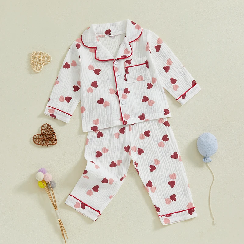 Kids Girls Pajamas Set Heart Print Long Sleeve Shirt with Elastic Waist Pants Sleepwear