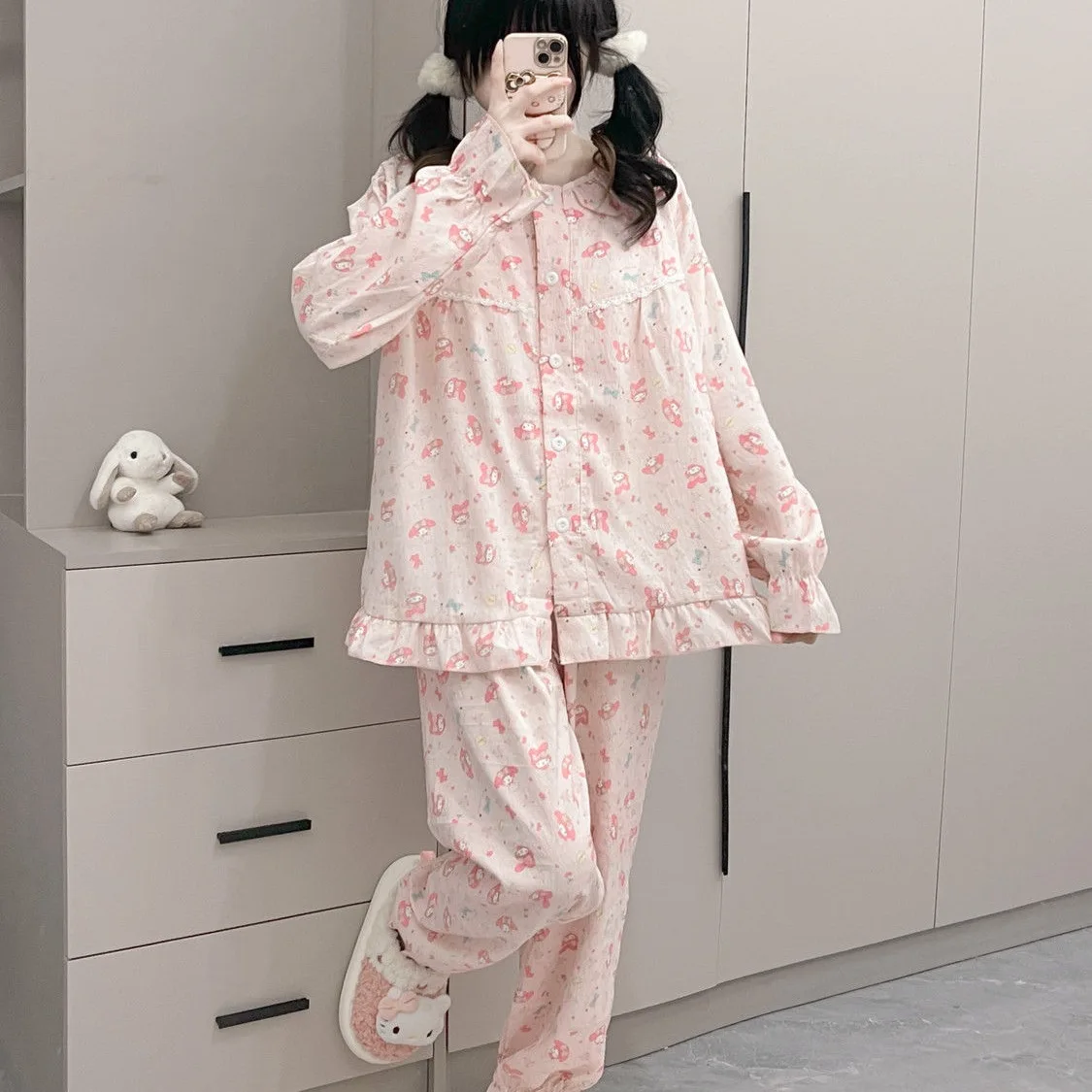 

Pink My Melody Sleepwear Long Sleeved Home Clothes Women's Fashion Autumn Disney Cartoon Cookie Ann Sleepwear Girl Pajamas Set