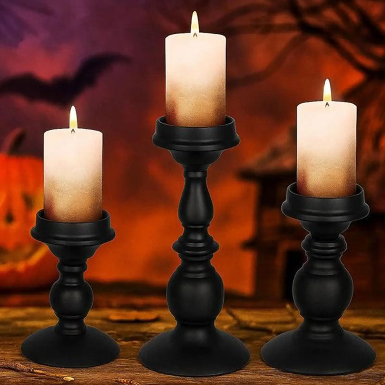 เชิงเทียนฮาโลวีน Gothic Decor เชิงเทียนสีดําชุด 3 ชิ้นตกแต่งบ้านตาราง Centerpieces สําหรับปาร์ตี้ฮาโลวีน