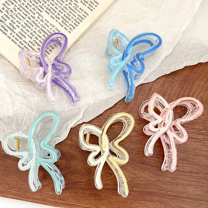 女性用プラスチックバタフライヘアクリップ,グラデーションカラー,リボン,カニヘアクリップ,ポニーテール,ヘアピン,帽子アクセサリー,ギフト