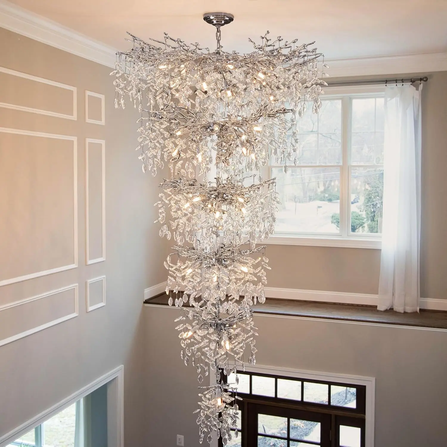 

Crystal Ceiling Chandeliers For Stairscase Stairway Loft Living Room Hall Silver High Ceiling Large Crystal Hanging Chandelier