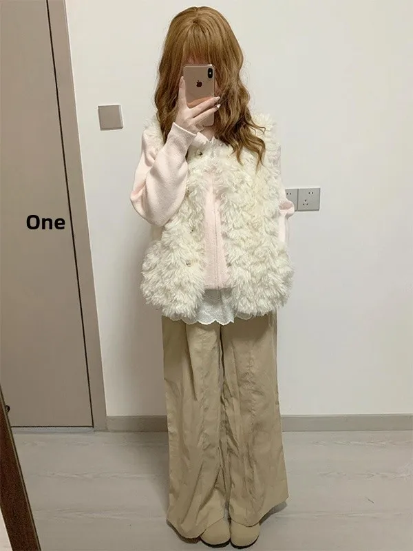 Korean Style Lazy Fashion Tuscan Wool Fur Vest Autumn Winter Versatile Leather Fur Integrated Tank Top Button Design Thickene...