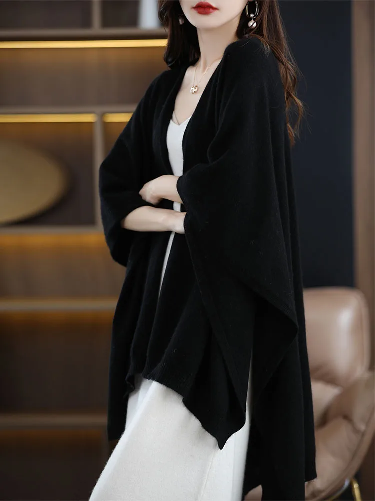 Women\'s Medium-Length Wool Cloak, Sleeveless Shawl, Cashmere Cape, Korean Version, Casual, Spring, Autumn, High-Quality