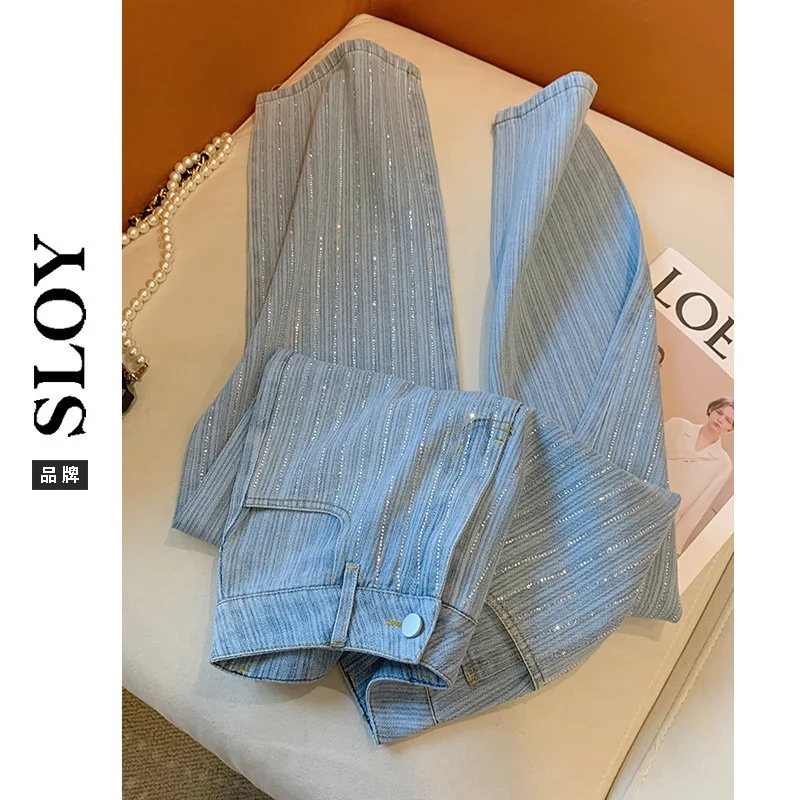 In Stock Light Blue Striped Straight Jeans for Women2024Slimming Drooping Wide-Leg Pants ChildrenNK310