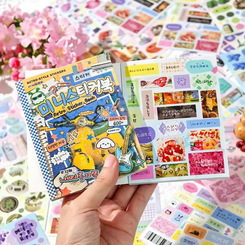 32 Sheets Retro Mini Sticker Book 2.0 Die-Cutting Laser Cover Stickers Suitable for Journaling Diary Collage and DIY Decoration