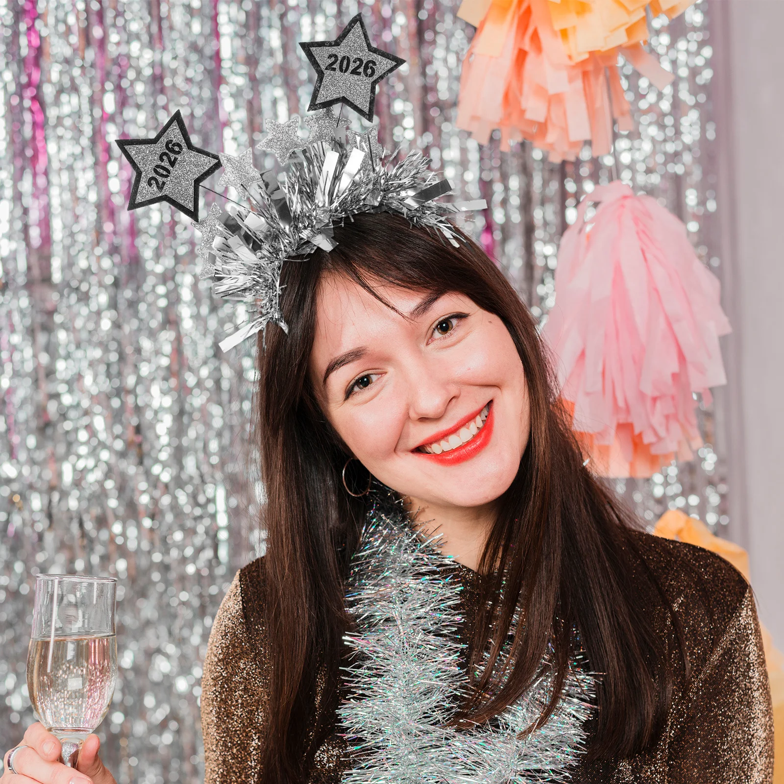 

2026 New Year Headband Happy Silver Glitter Star Tinsel Hair Hoop Party Costume Accessory Festive Women Adult Wear