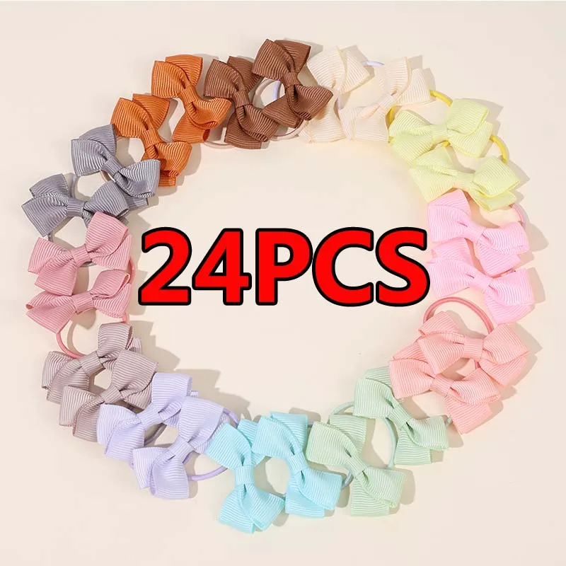 ncmama 24Pcs Candy Bow Elastic Hair Bands Baby Hair Ties Toddler Hair Accessories Girls Rubber Band Hairrope Ponytail Holder