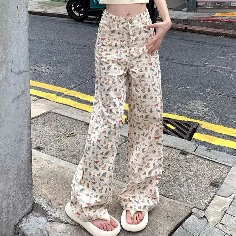 

Cartoon Puppy Print Korean Wide-Leg Pants With High Waist And Drooping Feeling Sweat Pants Autumn Winter Slim Straight Leg Pants