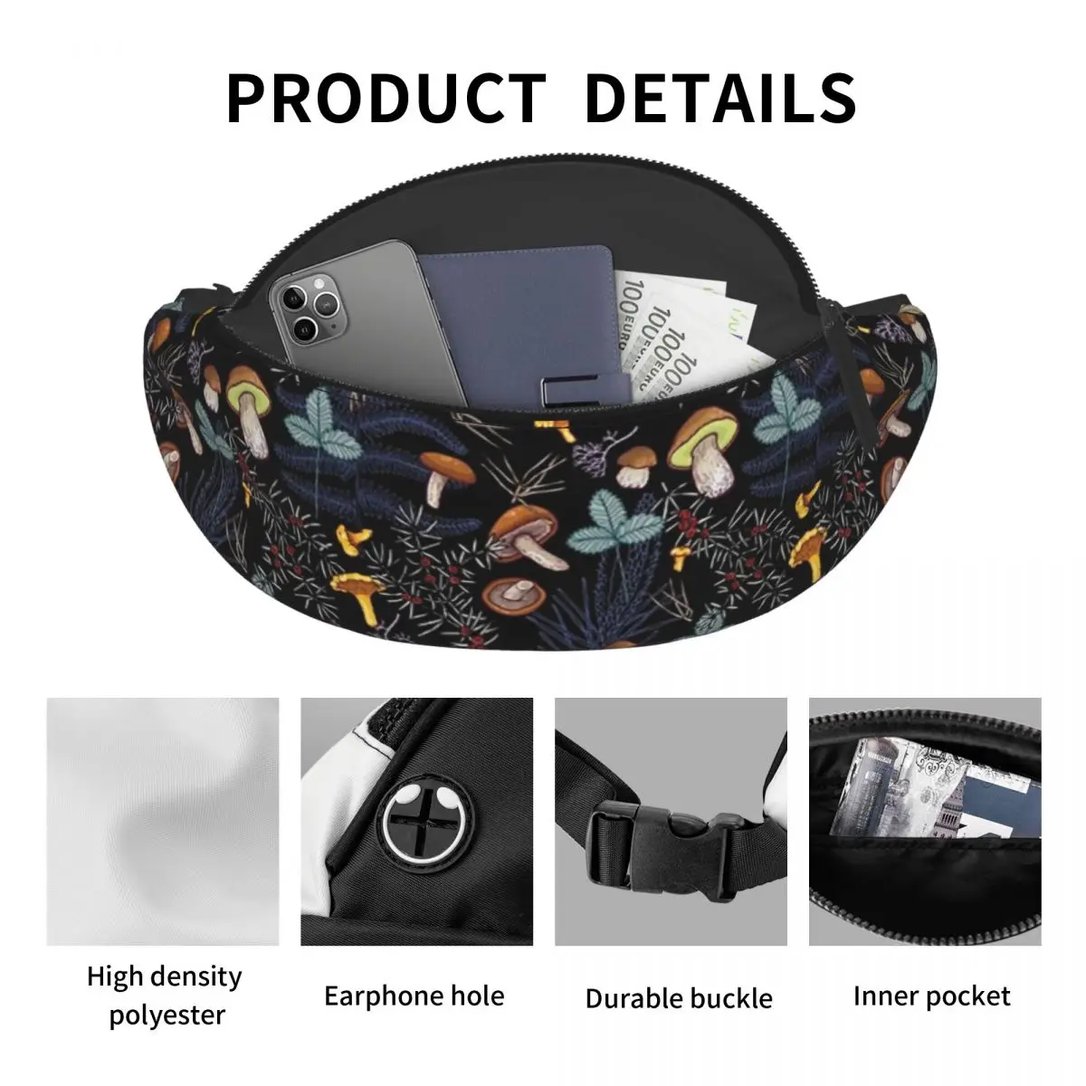 Dark Wild Forest Mushrooms Fanny Pack Women Men Casual Crossbody Waist Bag for Travel Cycling Phone Money Pouch