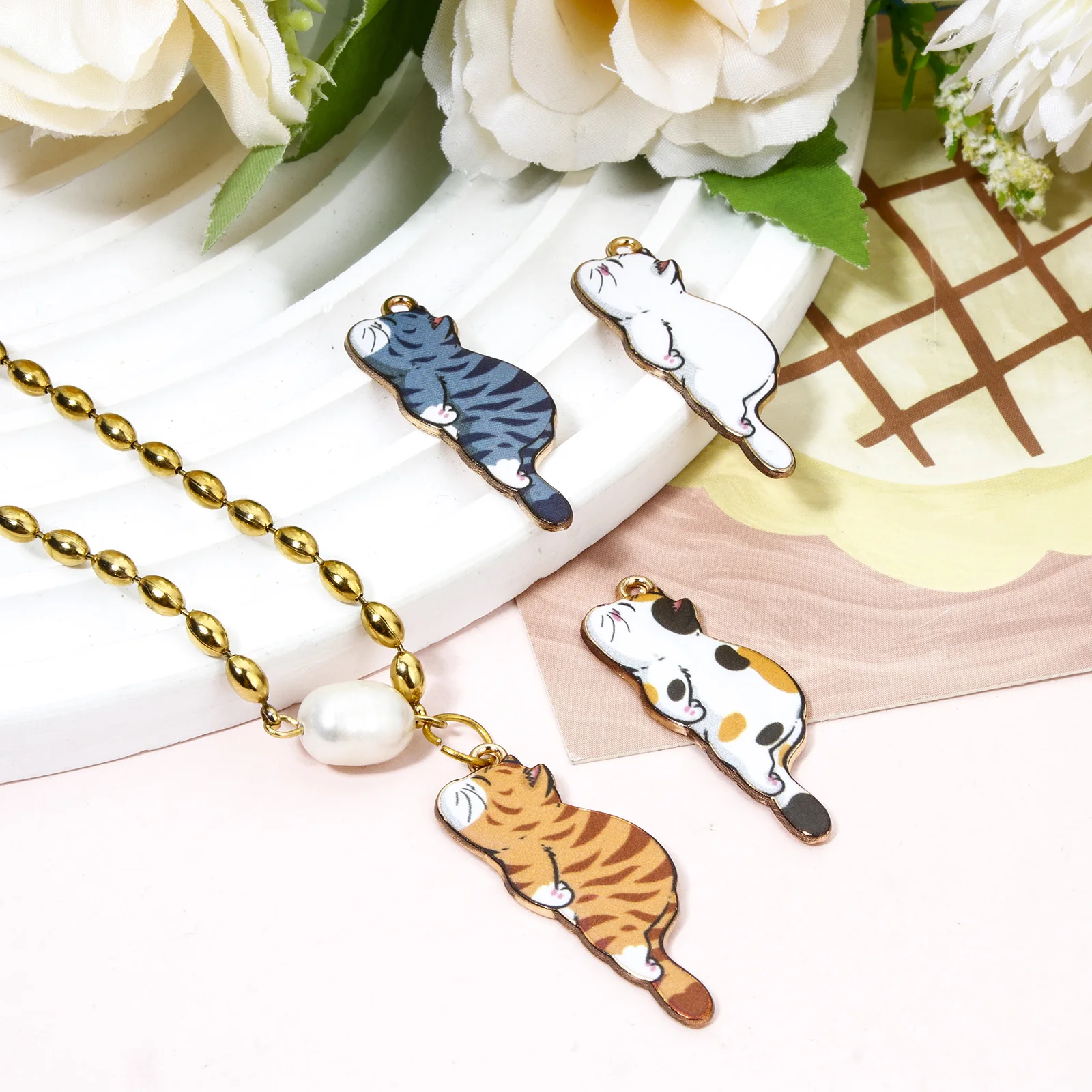 20PCs Cute Sleeping Cat Style Earrings Charms Lying Down Stripe Black Cats Animal Pendants Necklace DIY Findings 3.5cm x 1.3cm