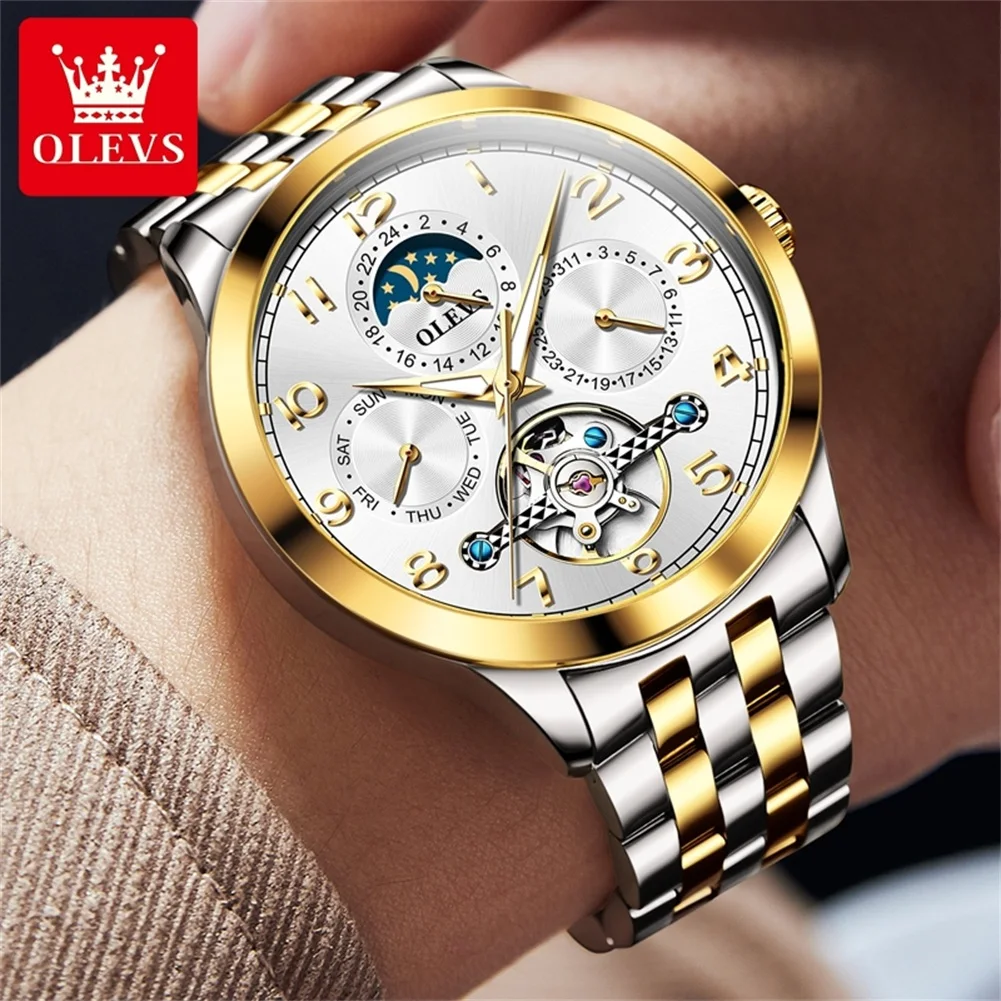 OLEVS TOP Original Men\'s Mechanical Watch Luminous Waterproof Moon Phase Business Dress High Quality Automatic Man Wrist Watches