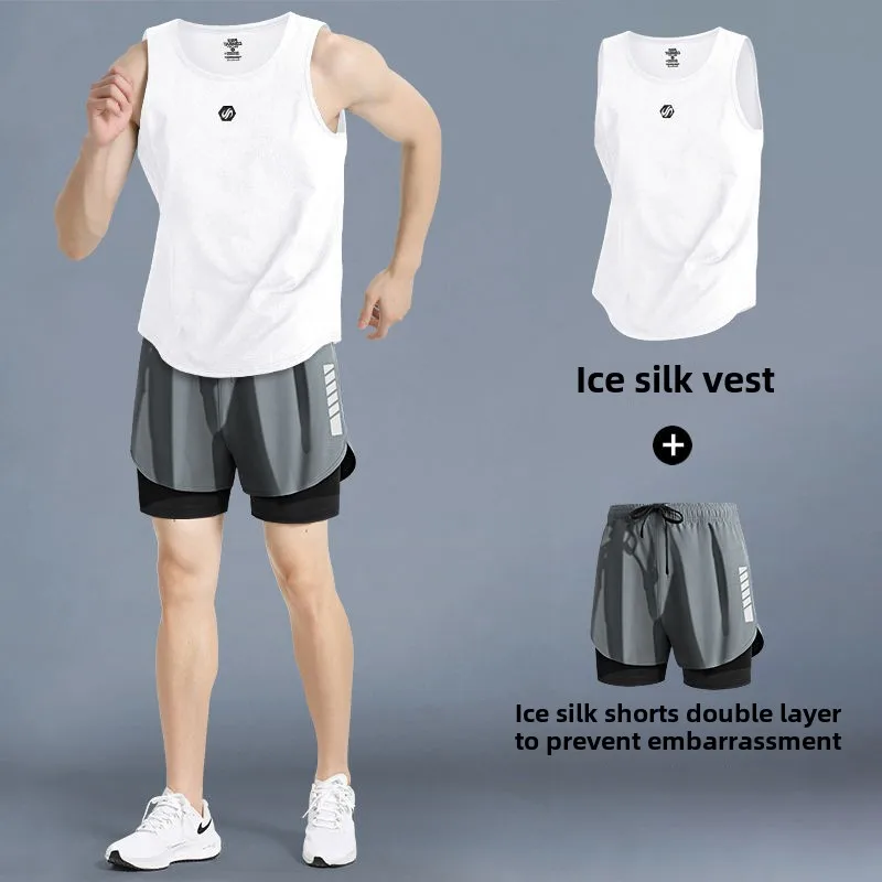 Sommer-Sport-Set für Herren, Weste, Eisseidenstoff, atmungsaktiv, Fitnessbekleidung, kurze Hose, Tank-Top, Laufausrüstung für sportliches Training