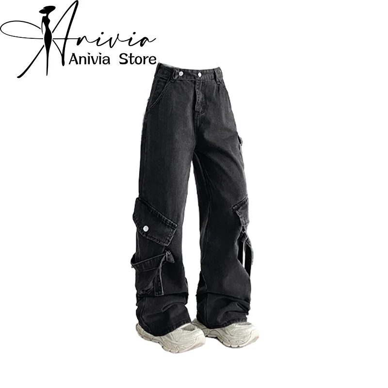 

Women's Black Y2k Cargo Jeans Harajuku Streetwear Emo Denim Trousers Y2k Jean Pants Vintage Japanese 2000s Style Trashy Clothes