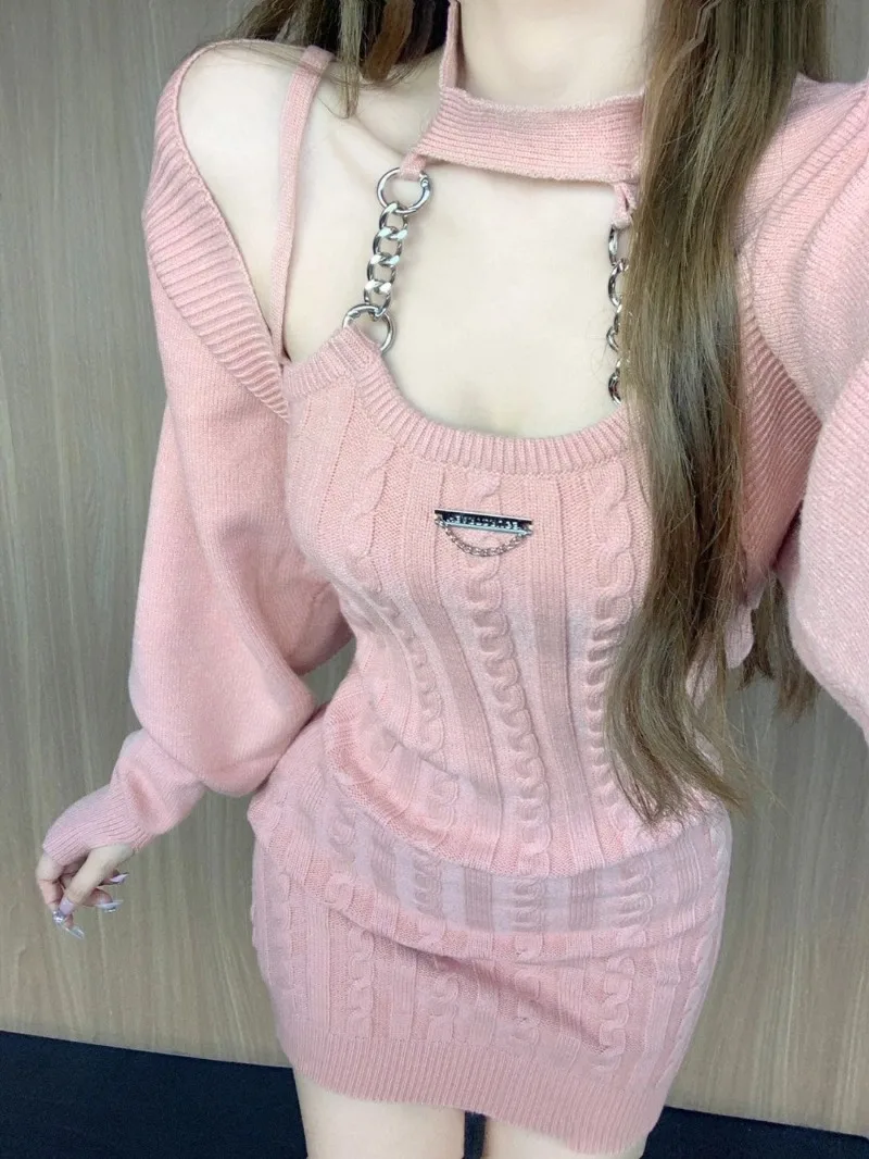 Fashion Hot Girl  knitted Sets For Women 2 Pieces Crop Top Pink Cardigan Female Mini Wrap Knitted Dresses Elegant Women\'s Sets