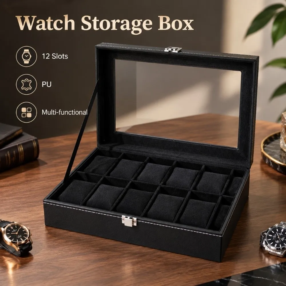 PU Watch Storage Box With Glass Lid Multi-Compartment Watch Box Organizer Multi-functional 12 Slots Jewelry Storage Box storage