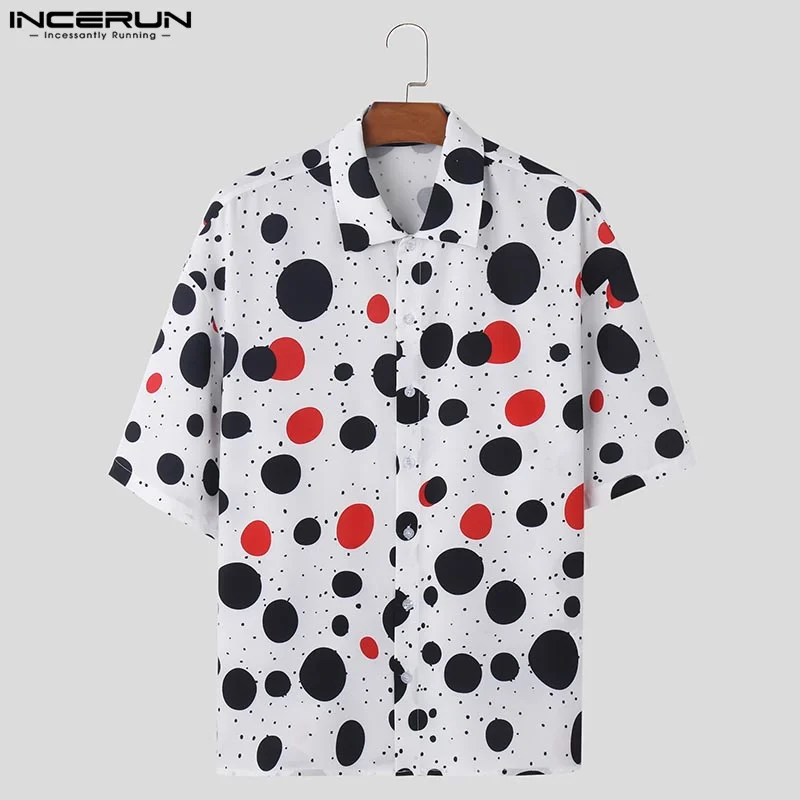 INCERUN top 2024 stile americano moda uomo sciolto irregolare a pois camicie stampate personalità maschile camicetta a mezza manica S-5XL