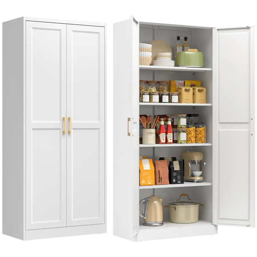 

Kitchen Pantry Storage Cabinet,White Tall Storage Cabinet With Doors and 4 Shelves,Metal Food Pantry Cabinets for Kitchen Storag
