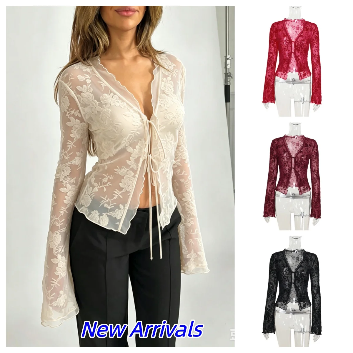 Women's Slim Fit Chiffon Ruffle Trumpet Sleeve Shirt Autumn Fashionable Elegant Lace Up V-Neck Y2k Top for Business Casual Wear