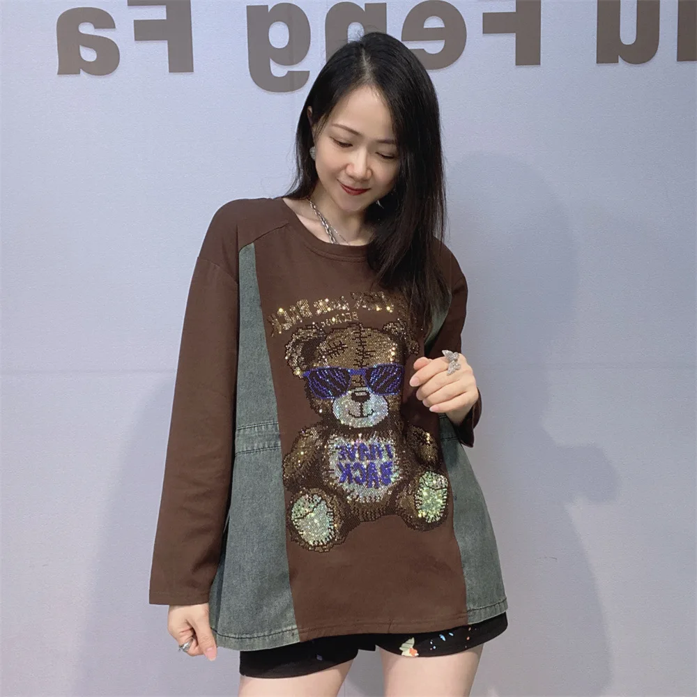American Street New Spring Autumn Long Sleeve Hoodie Top Denim Splicing Bear Hot Diamond Oversize Pullovers Casual Women T-shirt