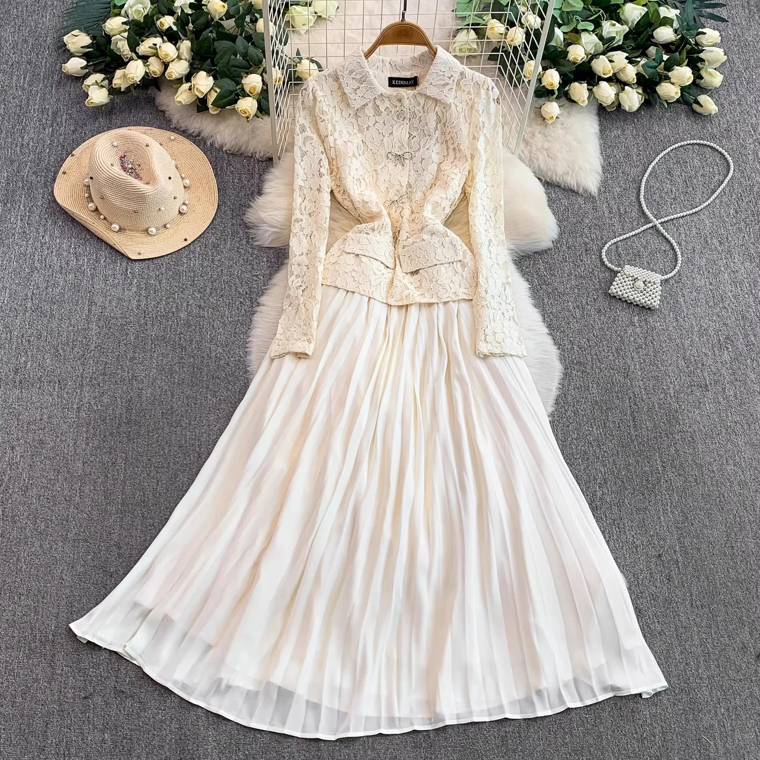 Runway Flower Embroidery Evening Prom Red Lace Patchwork Dress Autumn Women's Lapel Long Sleeve Beaded Bow Holiday Maxi Vestidos