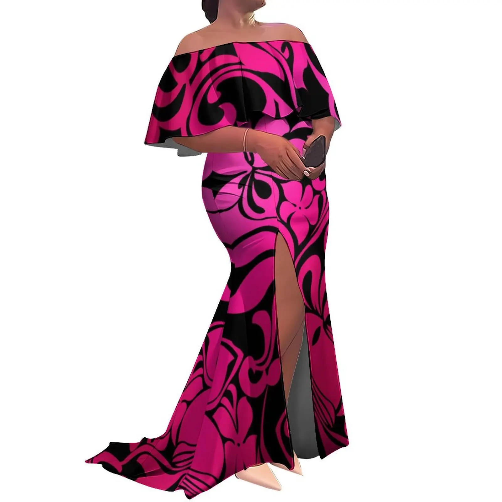 

Дизайн на заказ, полинезийское этническое зеленое плиссированное платье с разрезом, женское платье русалки больших размеров, облегающее платье с открытыми плечами, платье Самоа