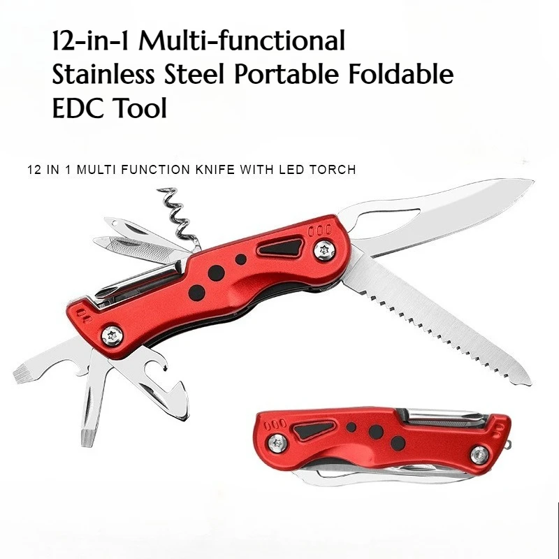 

12-in-1 Multi-functional Stainless Steel Combined Tool Outdoor Portable Folding LED Lamp Emergency Manual Cutting Tool