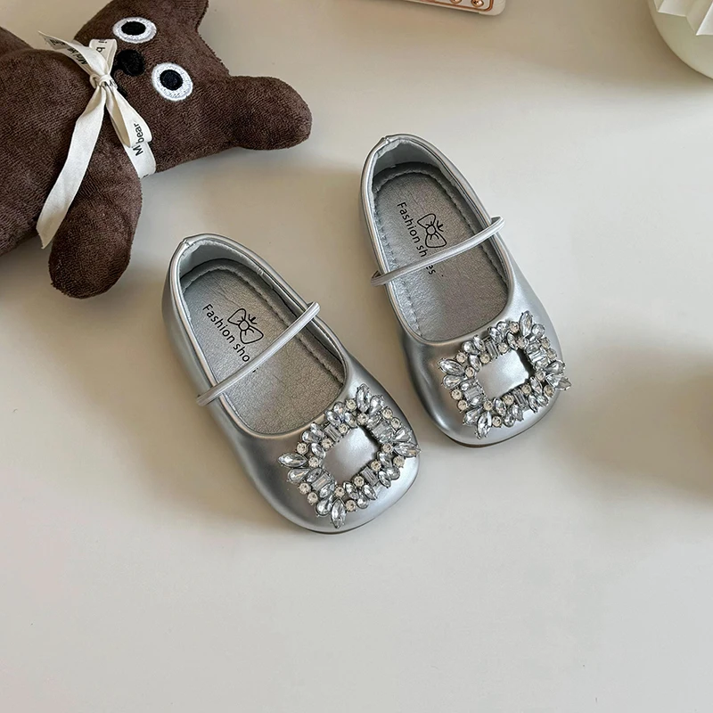 Girls Leather Shoes Rhinestone Anti Slip Elastic Band Spring Autumn Outdoor PU Girls Casual Leather Shoes Sandalias De Mujer