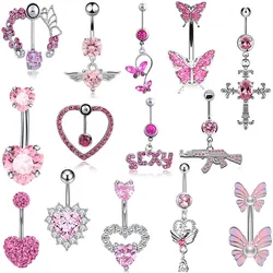 Piercing de acero quirúrgico para ombligo, Piercing para el cuerpo con forma de mariposa y corazón, con circonita rosa, 1 unidad