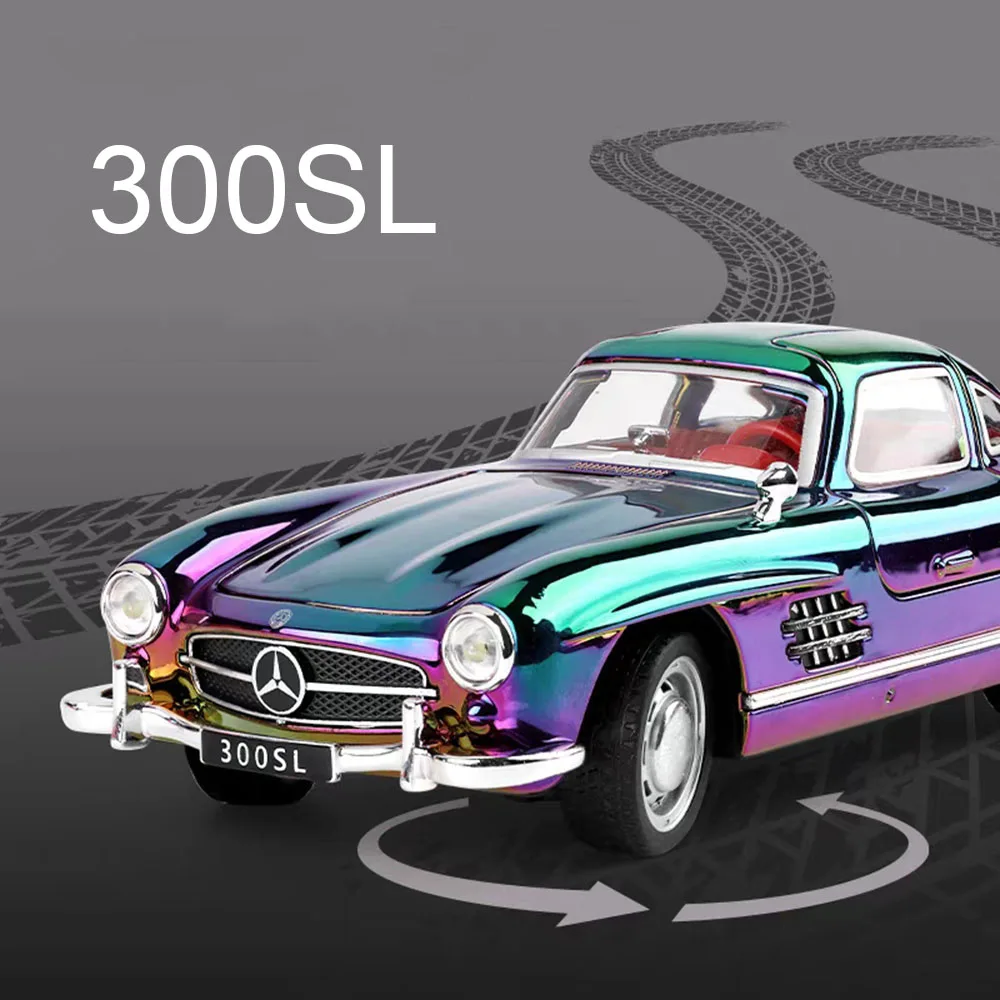 

1:32 модели Benz 300SL из сплава, игрушки, автомобили, колеса, рулевое управление, винтажный автомобиль со световым звуком, миниатюрные автомобили, идеальные подарки для мальчиков
