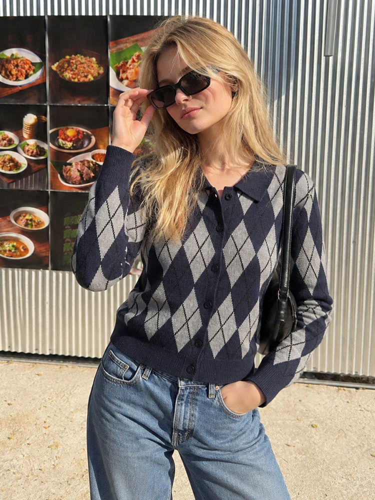 HH Women Spring Fall Argyle Knit Cardigan Polo Collar Button Down Ribbed Hem Cuffs Vintage Sweater For Office Daily Commute view 4