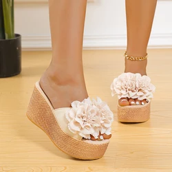 Women Mule Clogs 90mm Heels Wedge Sandals Female Flower Appliquere Platform Slide Slippers