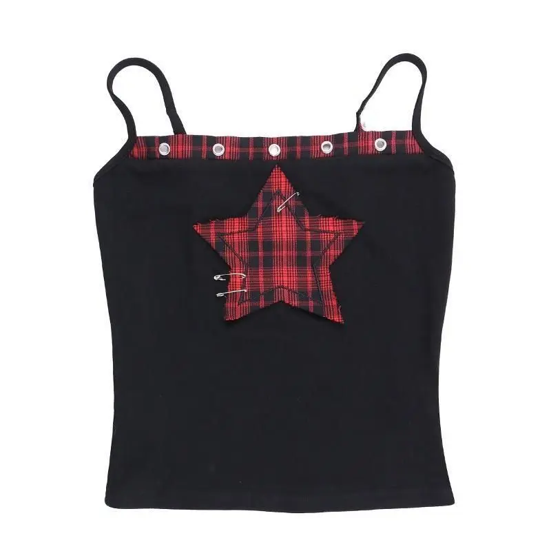 Gothic Hip Hop Matching Set Vintage Camis Top Women's Y2k Spaghetti Strap Star Embroidered Rib Sleeveless Crop Top