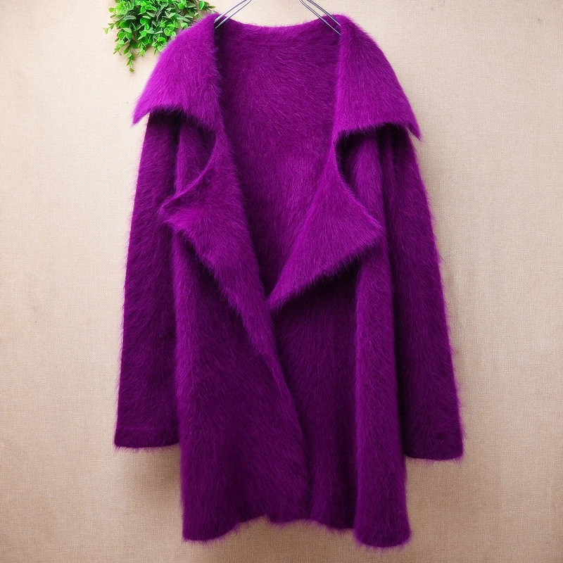 

Ladies Women Fall Winter Clothing Purple Hairy Mink Cashmere Knitted Suit Collar Loose Cardigans Sweater Angora Fur Jacket Pull