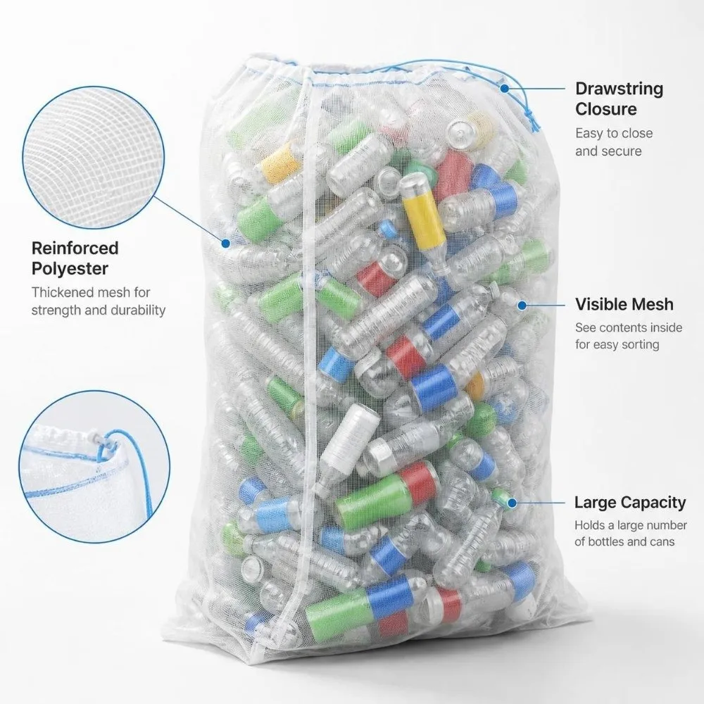 Polyester Bottle Bag Reinforced Mesh Drawstring Closure Mesh Recycling Bag Plastic Bottle Recycling Upright Structure
