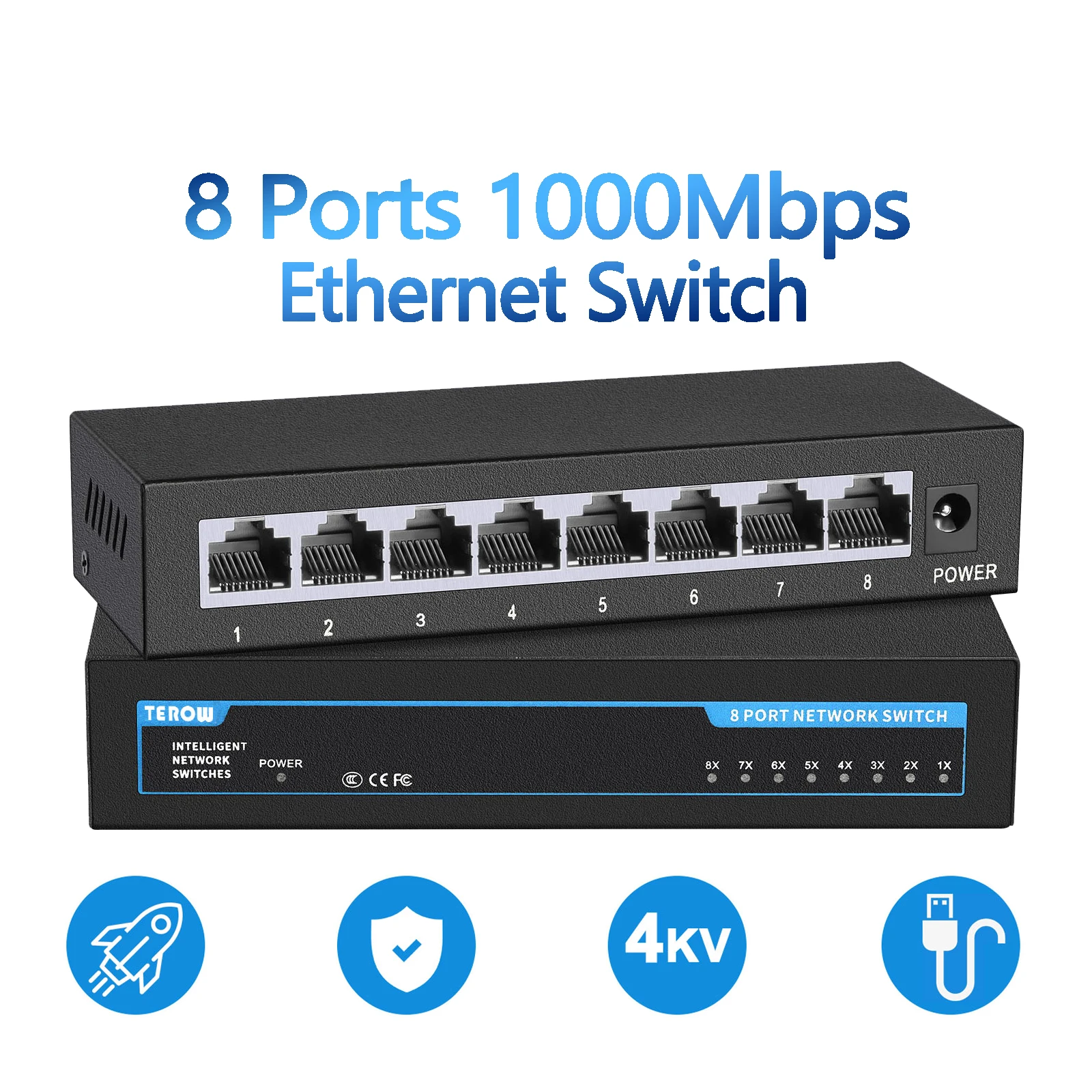 TEROW-conmutador Gigabit Ethernet con 8 puertos, conmutador inteligente de Internet de 10/100/1000Mbps, concentrador RJ45, Plug and Play para cámara IP/ENRUTADOR