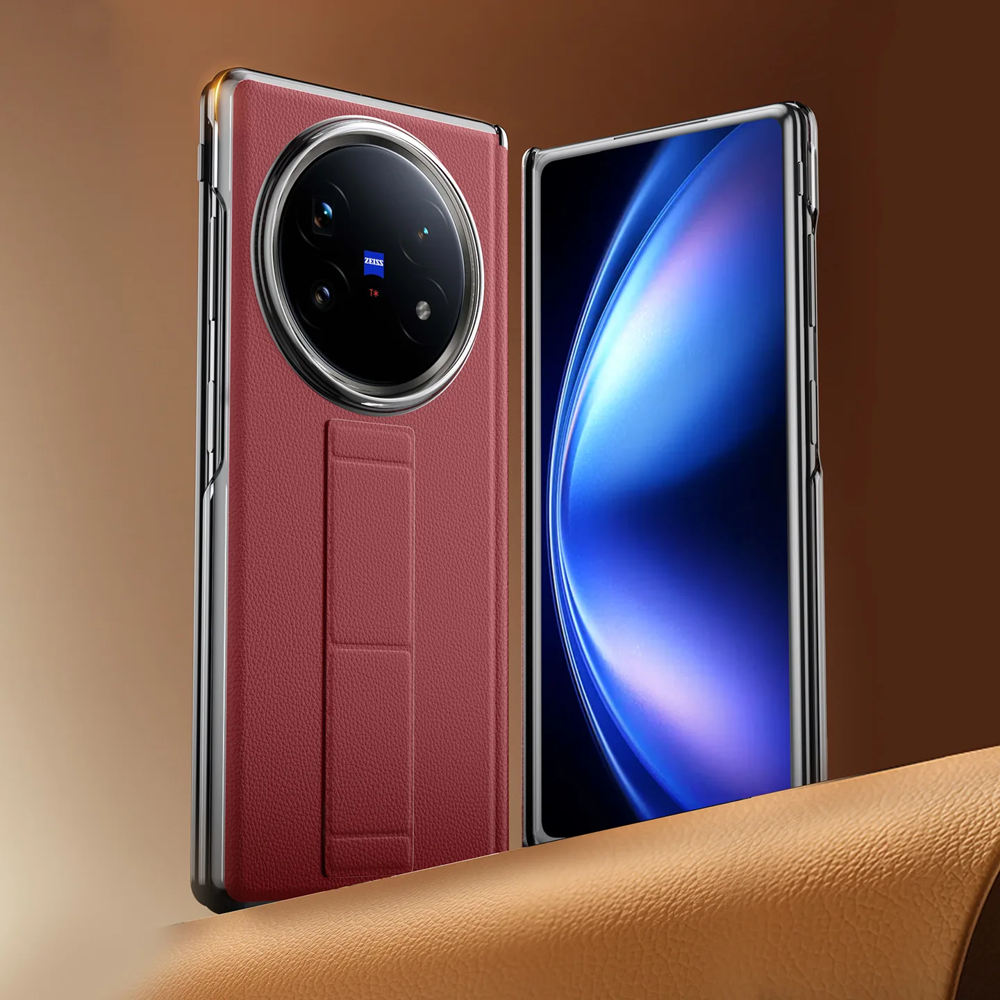 

Чехол для VIVO X Fold 5, чехол из искусственной кожи с центральной осью, задняя крышка с защитой от падения и ремешком на запястье, чехол-подставка