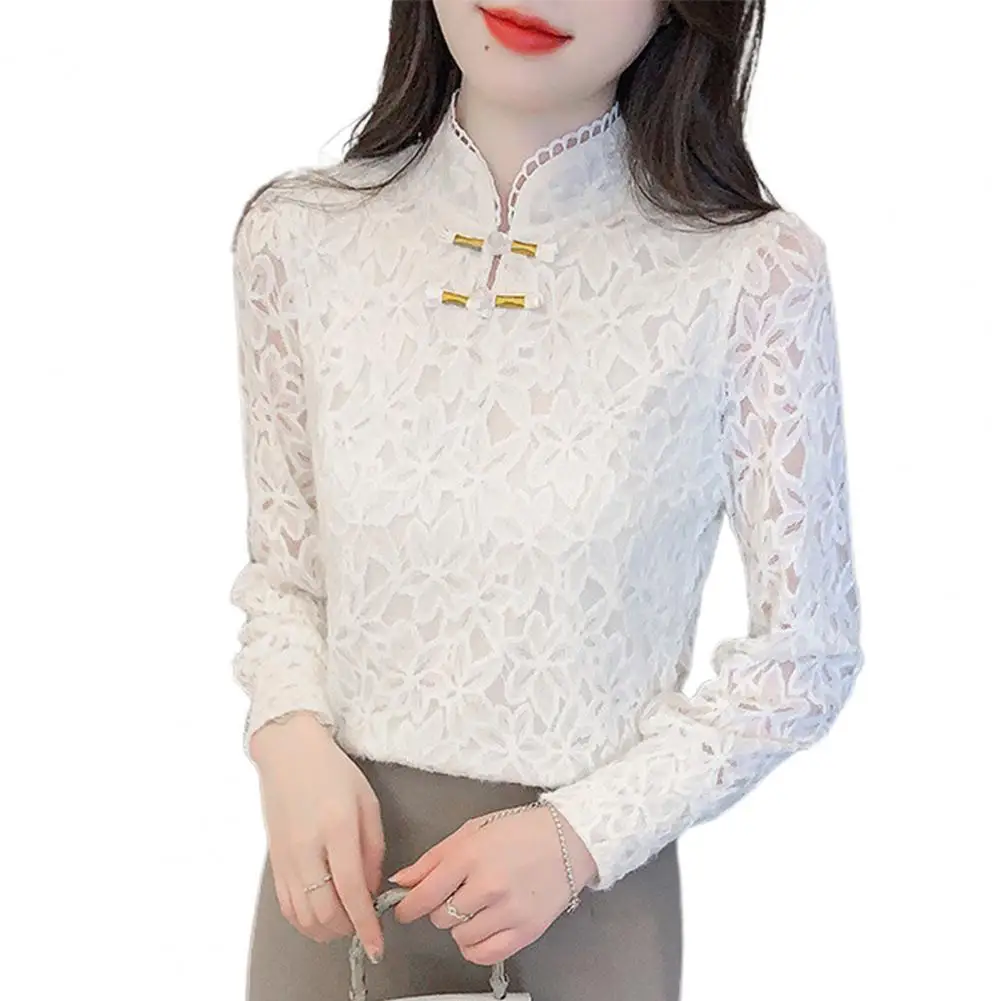 

Women Lace Spliced Top Elegant Lace Spliced Long Sleeve Women's Blouse Slim Fit Half High Collar Pullover Top