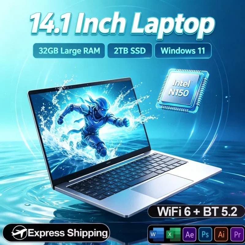 Portable Daily Use 14.1 Inch Laptop Intel N150 Windows 11 32GB RAM 2TB SSD Slim Notebook PC For Office Work Student Game Play
