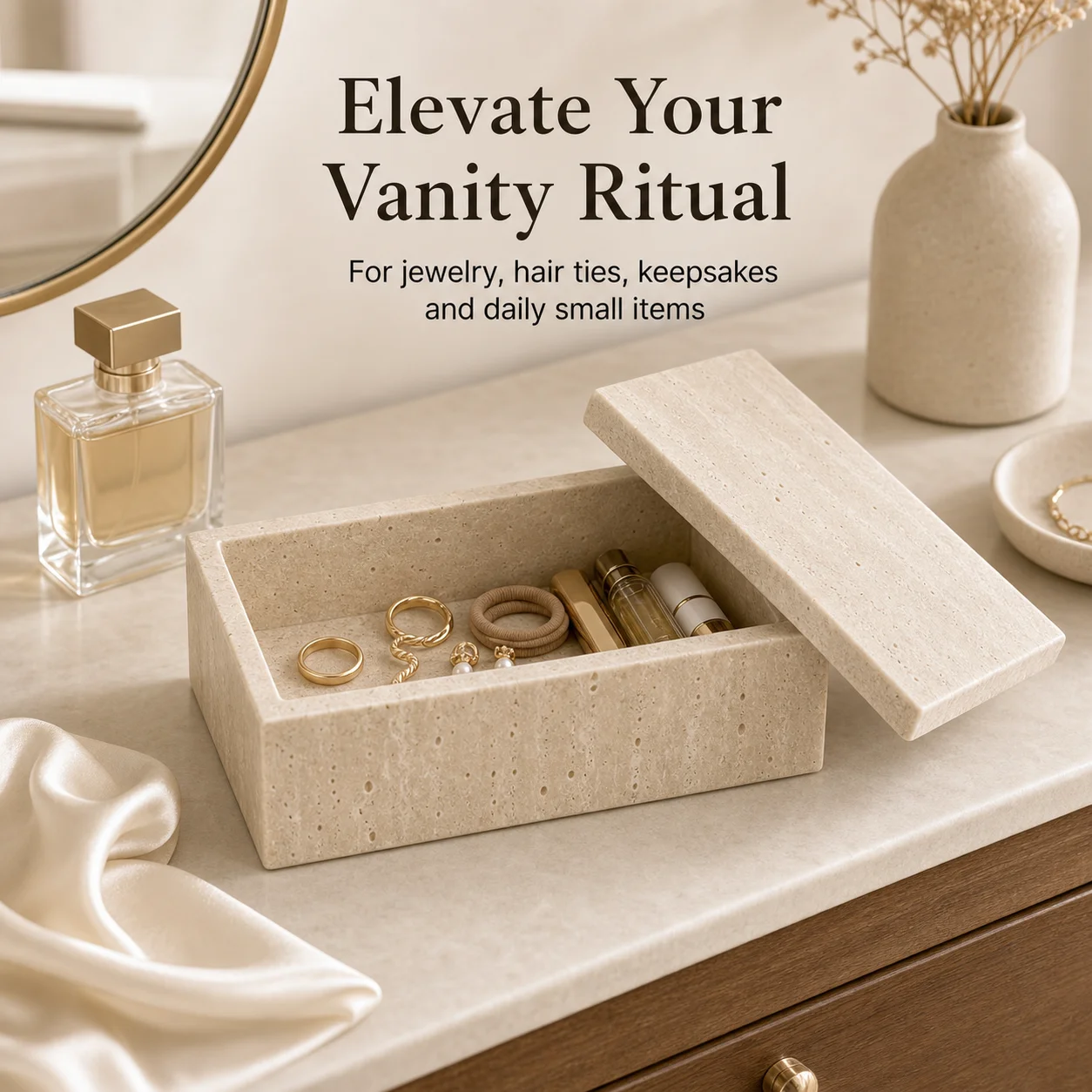 Natural Travertine Marble Storage Box with Lid, Stone Bathroom Vanity Organizer for Cotton Pads Swabs Hair Clips Decor