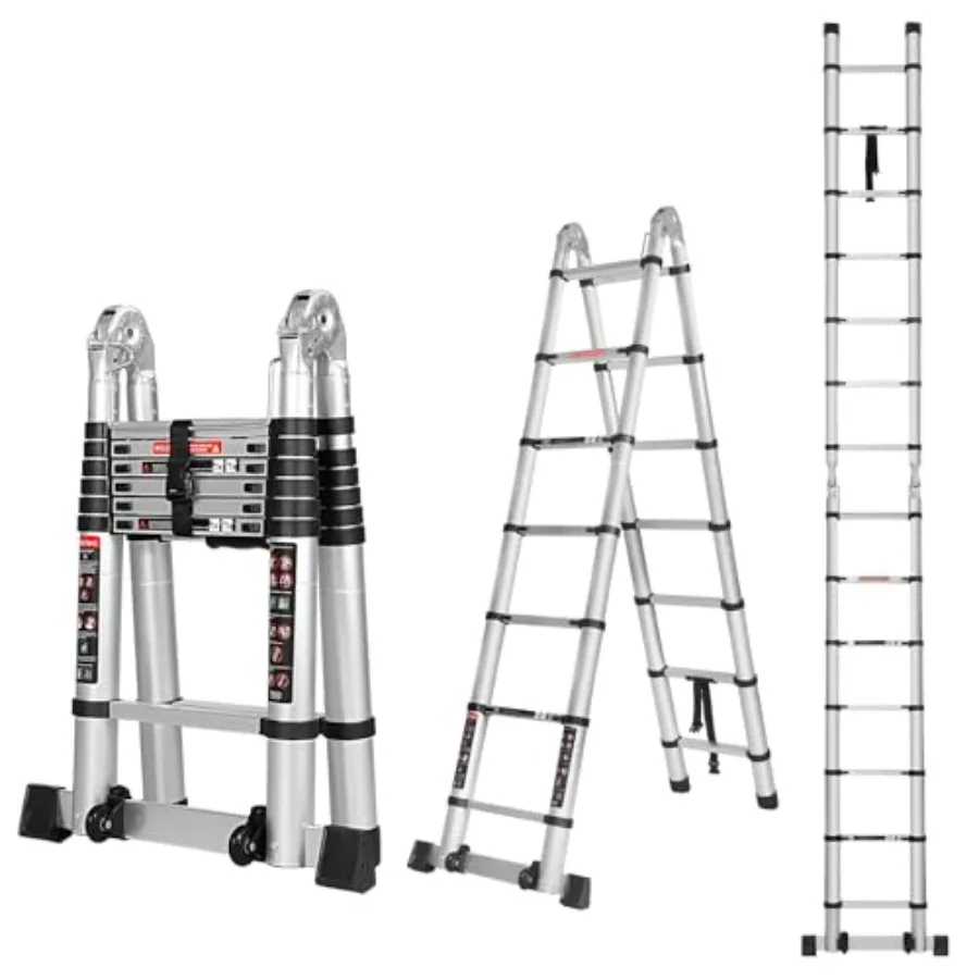 

14.5FT A Frame Telescoping Ladder Extension Multi-Purpose with Balance Bar Wheels Heavy Duty Silver Ladder 330 lbs Max Capacity